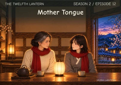 The Twelfth Lantern, Season 2 Episode 12: Mother Tongue. Mi-rae and Haneul sit facing each other at a low teahouse table, with a small glowing cream lantern between them.