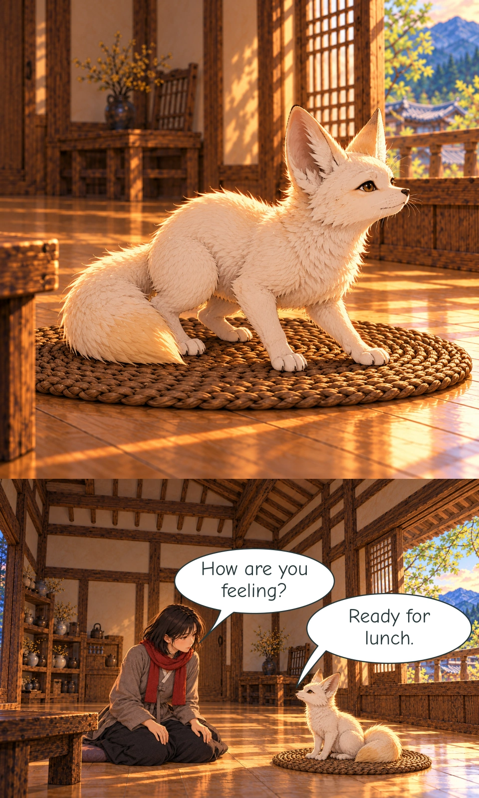 Bit braces all four paws on the mat, his shoulders low and his head raised. His single tail rests beside his hind legs. Haneul kneels beside the mat with both hands on her knees. Upright Bit lifts his chin towards her.