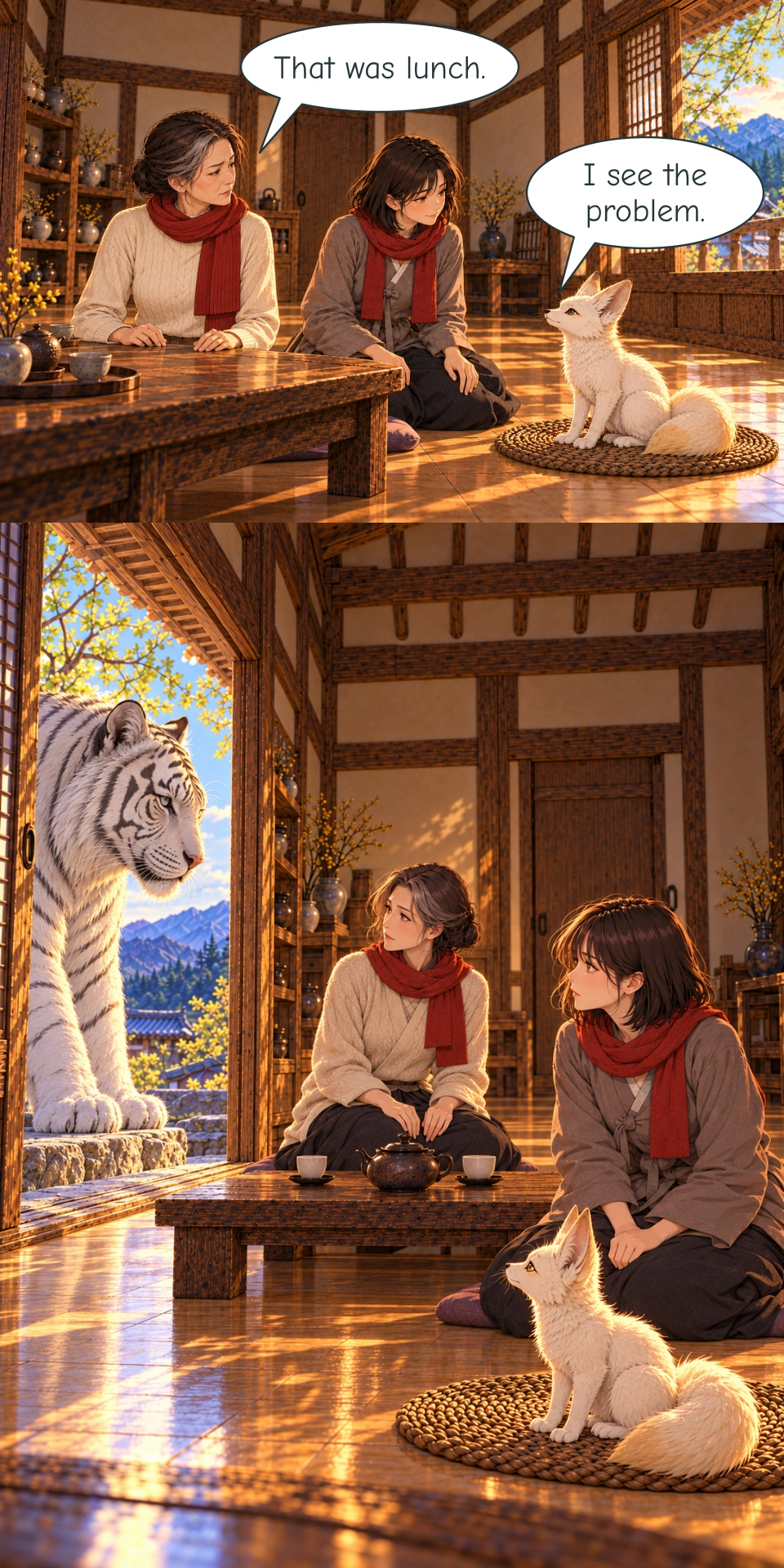 Mi-rae watches Bit from behind the low tea table, her hands resting separately on its edge. Haneul leans slightly towards upright Bit as he lifts his chin towards the women. The White Tiger stands outside the open entrance, his forepaws on the stone threshold. Haneul, Mi-rae and upright Bit look towards him.