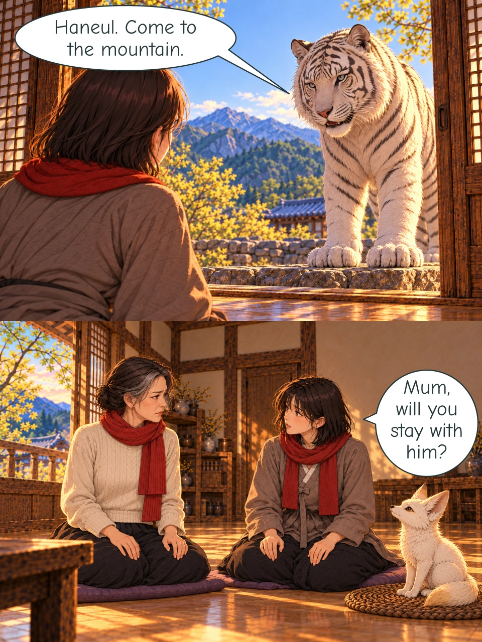 Seen over Haneul's shoulder, the White Tiger faces her at the entrance, his forepaws on the stone outside and his mouth slightly open. Haneul and Mi-rae face one another, their hands resting on their own knees. Bit sits upright on his mat beside Haneul.