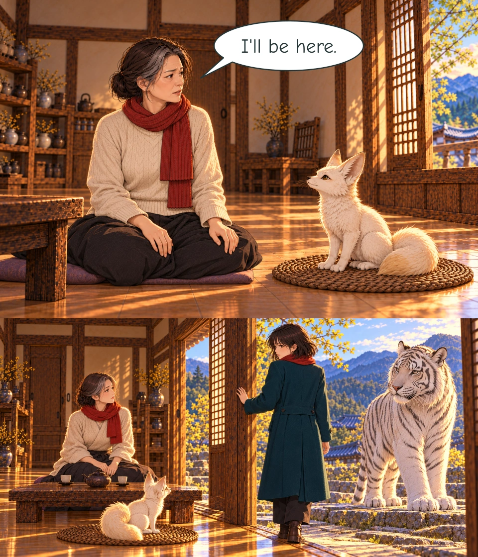 Mi-rae sits beside Bit with both empty hands on her knees. She looks towards Haneul beyond the frame while Bit watches her from his mat. Haneul pauses at the doorway in her teal coat, her left palm against the wooden frame, and looks back. Mi-rae remains inside beside Bit while the White Tiger waits on the stone steps outside.