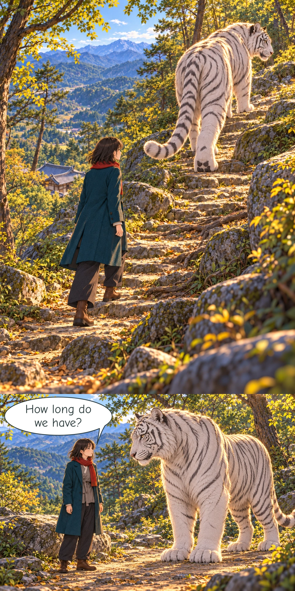 Haneul follows the White Tiger uphill along a wooded stone path. The tea house roof lies below them. Haneul stands beside a broad low stone, her hands relaxed at her sides. The White Tiger has stopped opposite her on the path.
