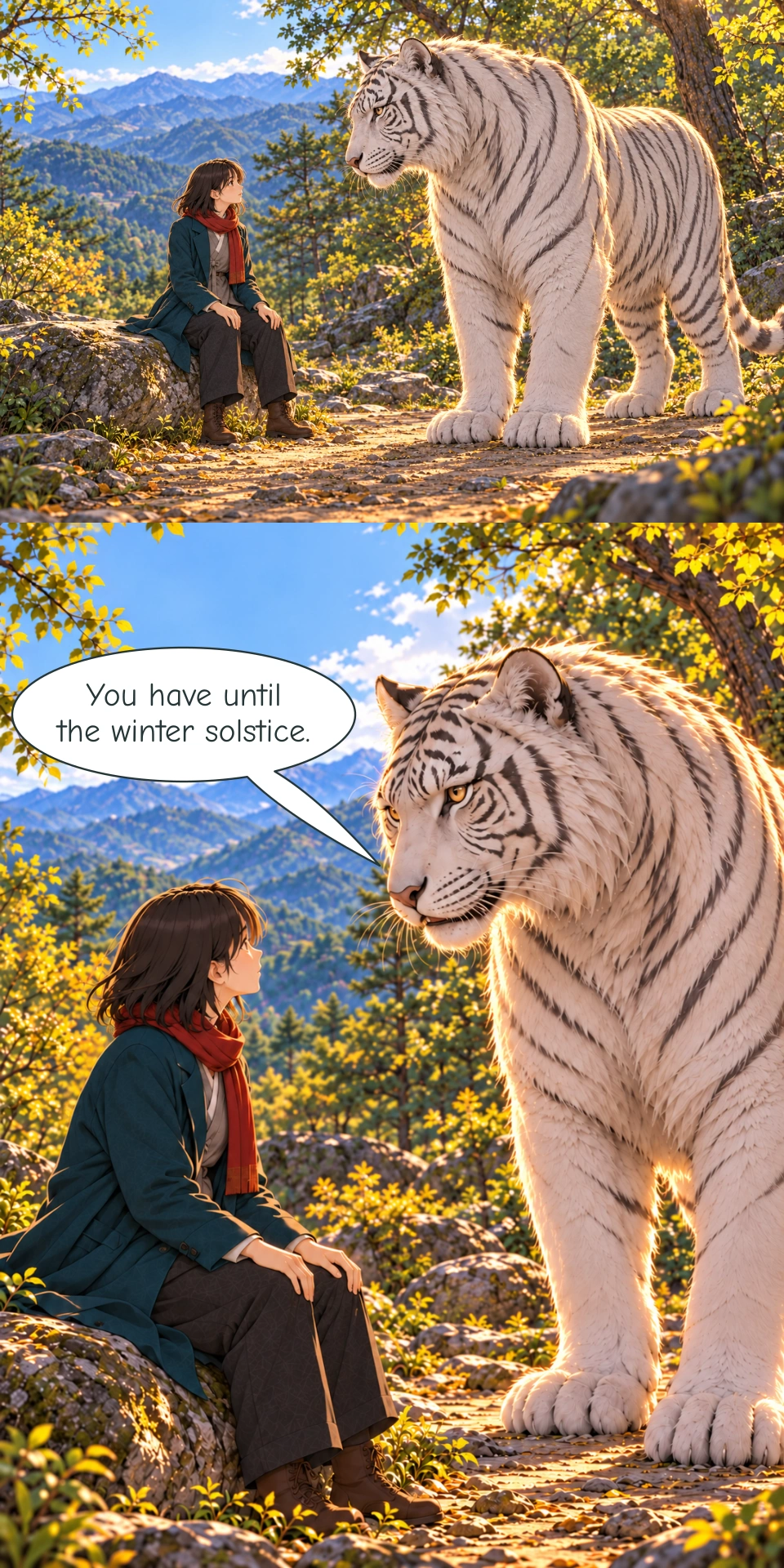 Haneul sits on the stone with her feet on the path and her hands separate on her knees. She looks up at the White Tiger and waits. The White Tiger speaks calmly while Haneul listens from the same stone, her hands still resting on her knees.