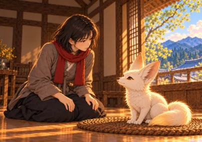 Haneul kneels beside Bit in the tea house. The small cream-white fox looks up at her from his woven mat, his single tail curled beside him.