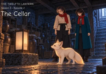 Bit faces an old paper lantern in the cellar while Mi-rae and Haneul watch behind him.