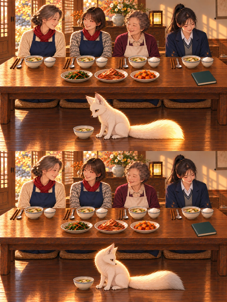 Panel 13: At floor level, Bit sits peacefully beside his small soup bowl while the meal continues beyond him. His whole tail rests on the wood to his right, glowing through its pointed tip and reflecting warm light on the floor. Panel 14: In the same position, Bit turns to look back at his tail. Its intact pointed tip has stopped glowing and no longer casts its warm reflection; the rest of his tail remains luminous. The meal continues behind him.