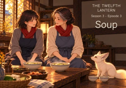 Cover for Soup, Season 3 Episode 3 of The Twelfth Lantern. Haneul and Mi-rae sit smiling behind steaming soup bowls, with Bit beside two little empty bowls. The episode title appears on the upper-right wall.