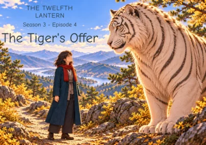 The Twelfth Lantern, Season 3 Episode 4: The Tiger's Offer. On a sunlit autumn mountain path, Haneul stands at left in her teal coat and red scarf, looking up at the enormous White Tiger at right. Mountain ridges stretch behind them.