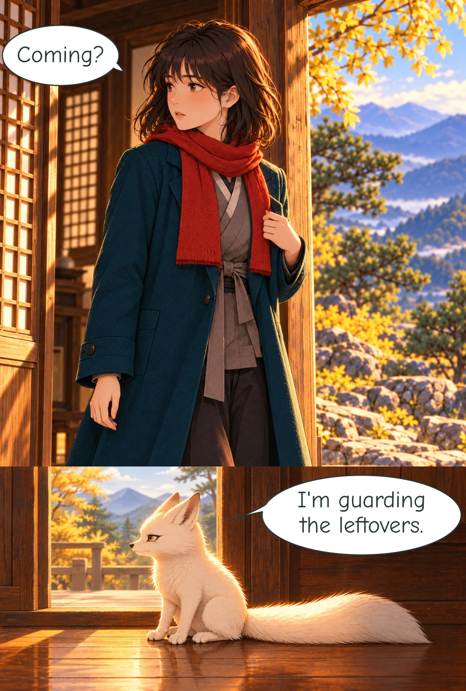 Panel 1: At the tea-house doorway, Haneul stands in her teal coat over a grey wrap layer and a red scarf with two ends in front. Looking back inside, she settles her coat lapel with one hand while her other hand hangs at her side. Panel 2: Inside the tea house, Bit sits steadily on the wooden floor, facing the open doorway at left. His body and inner single tail glow softly in the sunlight; the intact final tail tuft remains matte and unlit. The complete tail lies along the floor to the right.