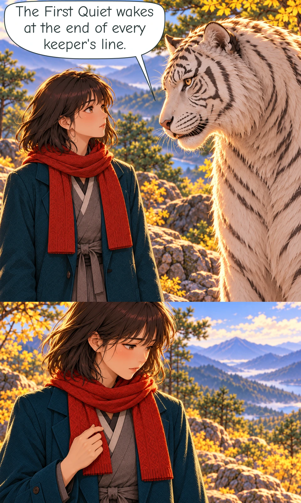 Panel 5: On the mountain path, Haneul stands at the left in her teal coat, grey wrap layer and red scarf, its two ends hanging in front. She looks up at the enormous White Tiger facing her from the right. His head is level, his eyes calm and his mouth slightly open as he addresses her. Sunlit foliage and distant mountain ridges lie behind them. Panel 6: Haneul looks down in silence and touches the red scarf at her chest. Both scarf ends hang in front of her teal coat over the grey wrap layer. Sunlit autumn foliage and mountains surround her.