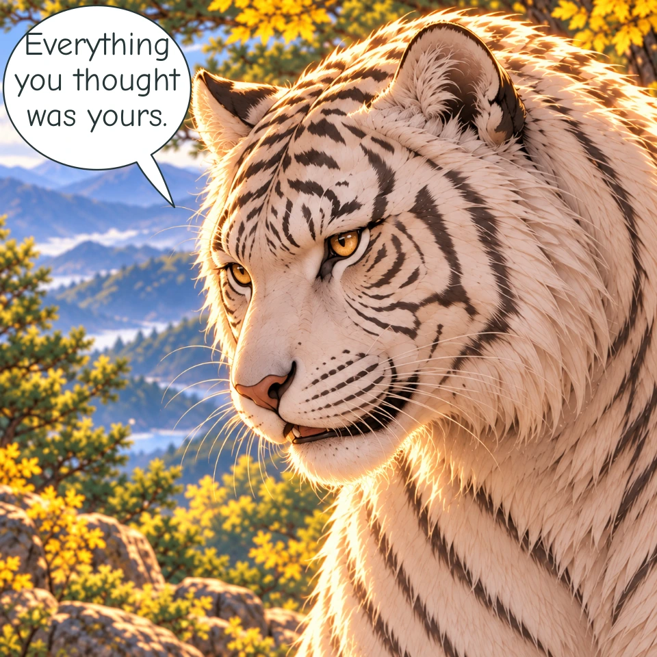 Panel 13: In a close three-quarter view, the White Tiger looks calmly down-left toward Haneul outside the frame. His amber eyes, intact ears and slightly open mouth are visible above his broad cream-white chest. Warm sunlight edges his striped fur against the autumn mountain view.