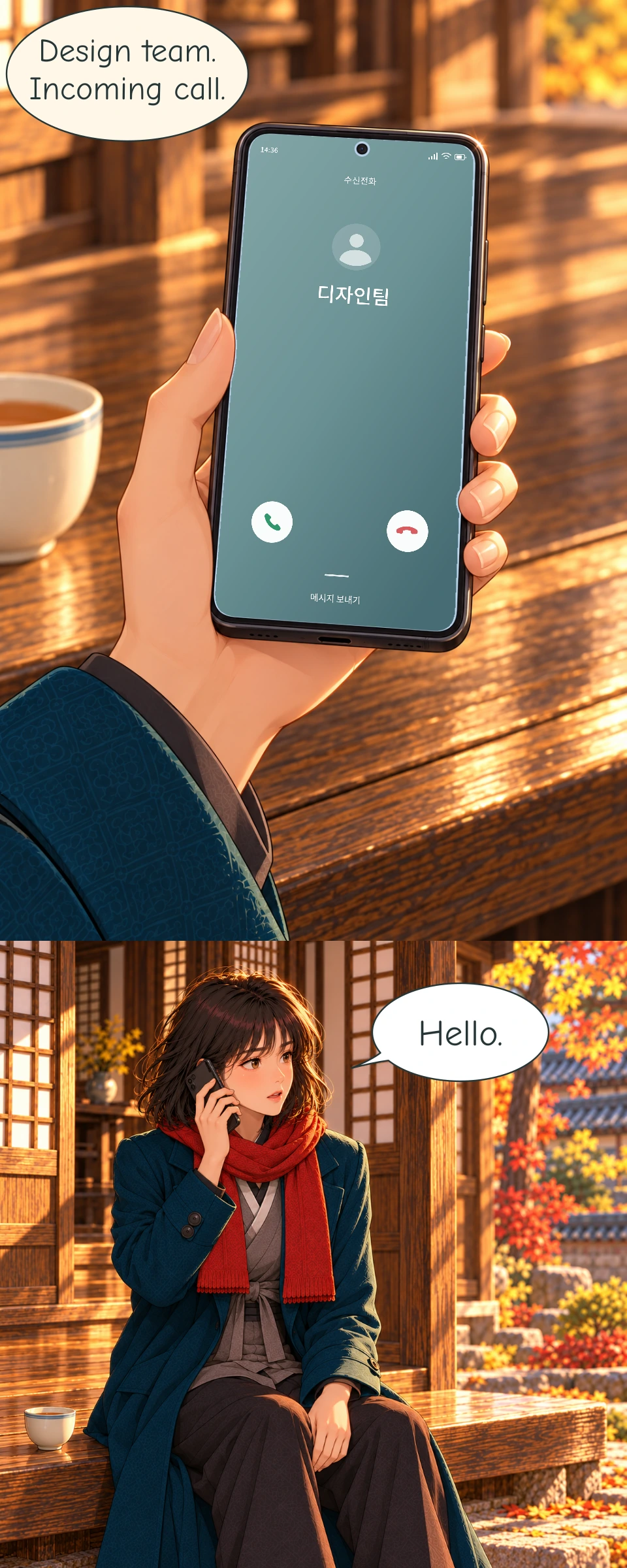 Panel 13: Haneul holds the phone upright in her right hand. Its muted teal incoming-call screen shows the saved Korean contact Design team beneath a default contact avatar, with a green answer handset at the left, a red decline handset at the right and a Send message option below. A curved, tailless cream reading bubble gives the unchanged English meaning. The tea cup remains on the veranda in the background. Panel 14: Still seated on the wooden veranda edge, Haneul holds the phone to her right ear and answers. Her free hand rests on her knee. Her two red scarf ends remain in front, and the untouched tea cup stands on the timber beside her. Her expression remains composed but undecided.