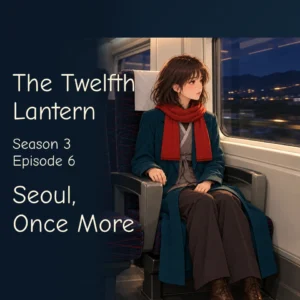 Haneul sits beside a night train window at the right of a dark navy cover. Her red scarf and resting hands remain visible. At the left are the titles The Twelfth Lantern, Season 3 Episode 6: Seoul, Once More.