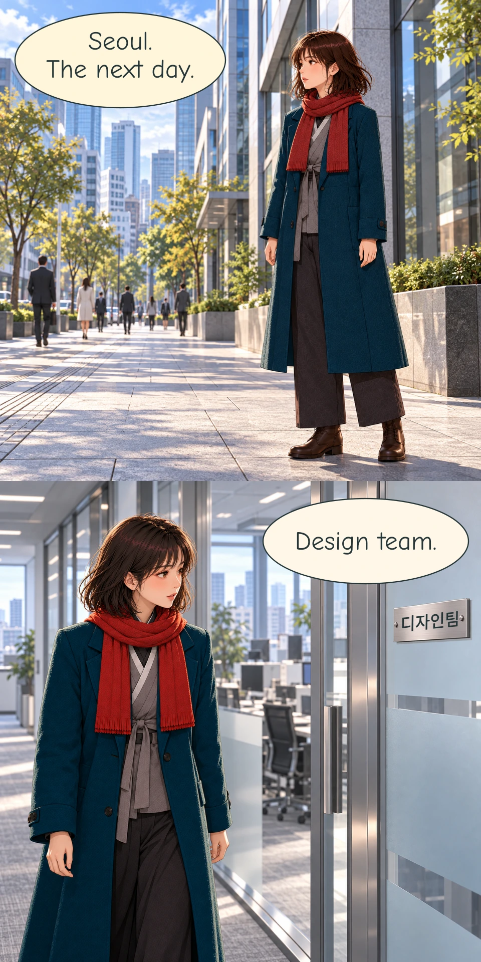 Panel 1: Haneul stands on a broad Seoul pavement in daylight, with glass office buildings, autumn trees and ordinary pedestrians behind her. She wears her teal calf-length coat, grey wrap layer, charcoal trousers, brown boots and red scarf with two front ends. Her hands are free and her phone is not visible. Panel 2: In the agency corridor, Haneul stands beside a glass office door. A small metal plaque on the door carries the printed Korean words for Design team, aligned to its angle between the two screws. A curved, tailless cream reading bubble supplies the English meaning above it. Her face, scarf, hands and the door handle remain visible.