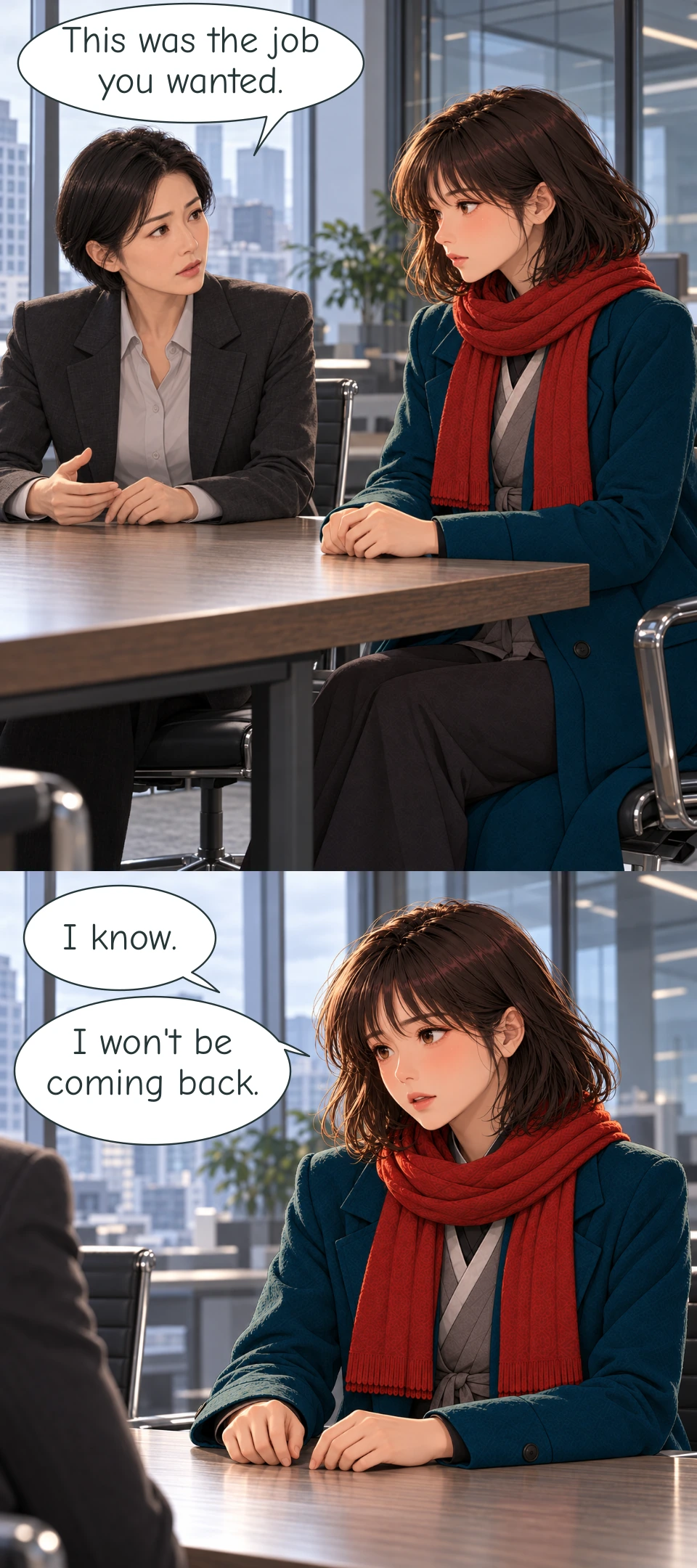 Panel 3: In a contemporary Seoul design office, Director Park Ji-won sits at the left across a table from Haneul at the right. Park has short black hair, a charcoal blazer and a pale shirt. She gestures with one hand as she speaks. Haneul listens with her hands resting together on the table, wearing her teal coat, grey wrap layer and red scarf with two front ends. The city appears through the windows behind them. Panel 4: A closer view keeps Haneul at the right looking towards Park, whose shoulder remains in the left foreground. Haneul answers with a steady, restrained expression. Her two hands rest separately on the table, and her red scarf knot and two front ends remain visible against her teal coat.
