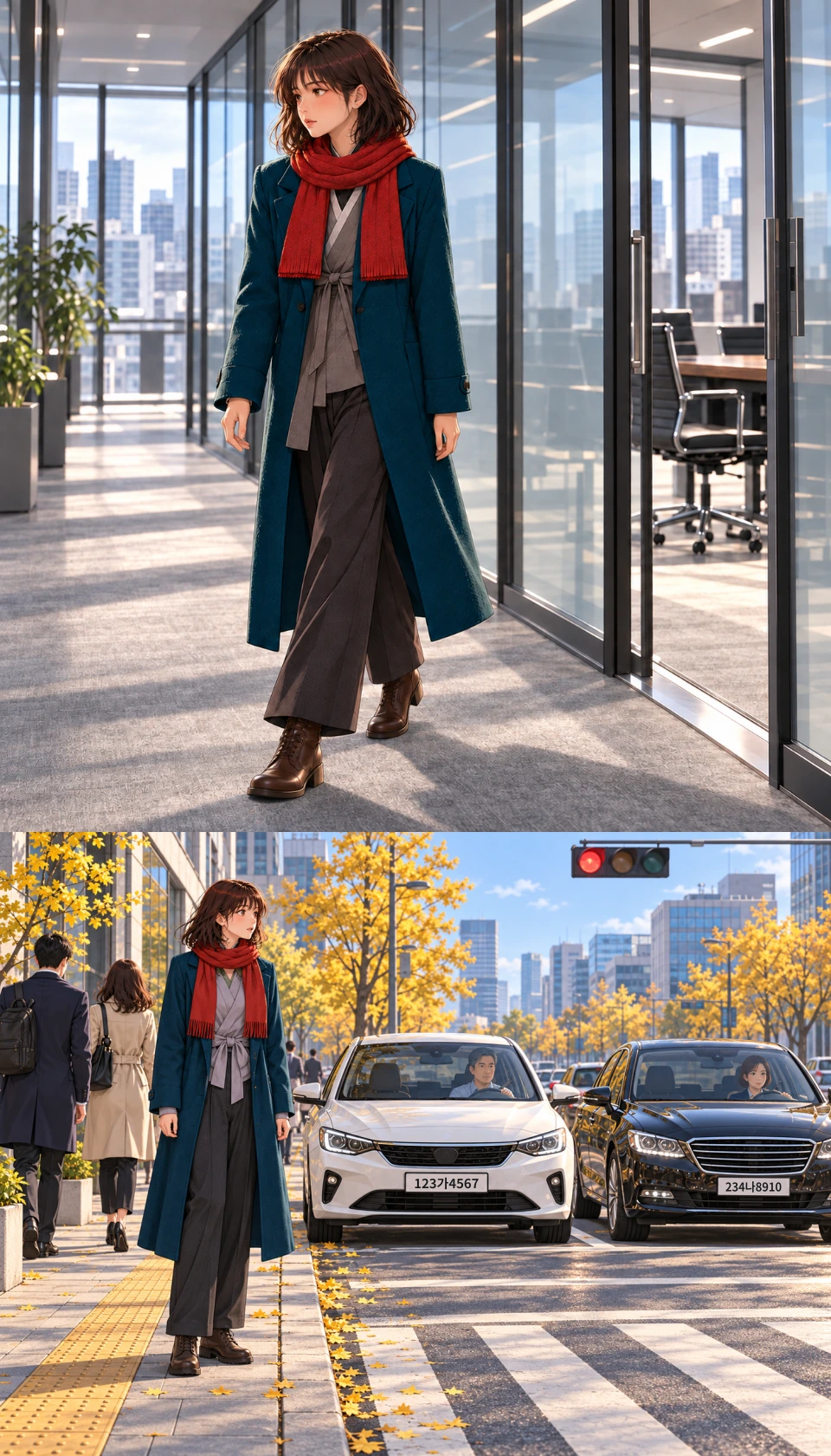 Panel 5: Haneul walks away from the meeting through the glass office corridor. Her free hands hang naturally at her sides; the coat opens around two separately supported legs and brown boots. The meeting room lies behind her. Her phone remains stowed. Panel 6: Haneul stands safely on the Seoul pavement beside yellow tactile paving and autumn ginkgo trees. Two trouser legs lead naturally to her two brown boots on the ground. A white sedan and a black sedan wait on the road at a red signal; their white registration plates carry incidental fictional Korean identifiers. Other pedestrians continue along the pavement. A driver is clearly visible at the steering wheel of each car through the windscreen.