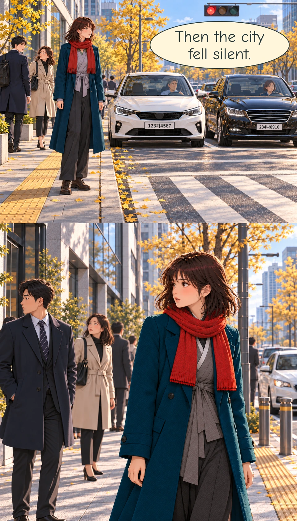 Panel 7: The same street becomes soundless. Haneul stands on the pavement with two clearly grounded boots as nearby pedestrians begin to look around. The same white and black sedans remain safely stopped under the red signal, carrying the same Korean registration identifiers as before. A curved, tailless narration bubble sits over distant buildings beneath the signal. The same drivers remain clearly visible at their steering wheels through the windscreens. Panel 8: A closer reaction view places Haneul at the right foreground, looking left and listening. A suited man at the left turns his head to look along the street, while a woman behind him also looks around. Their expressions show surprise. The ordinary autumn street remains intact, and no one speaks in the panel.