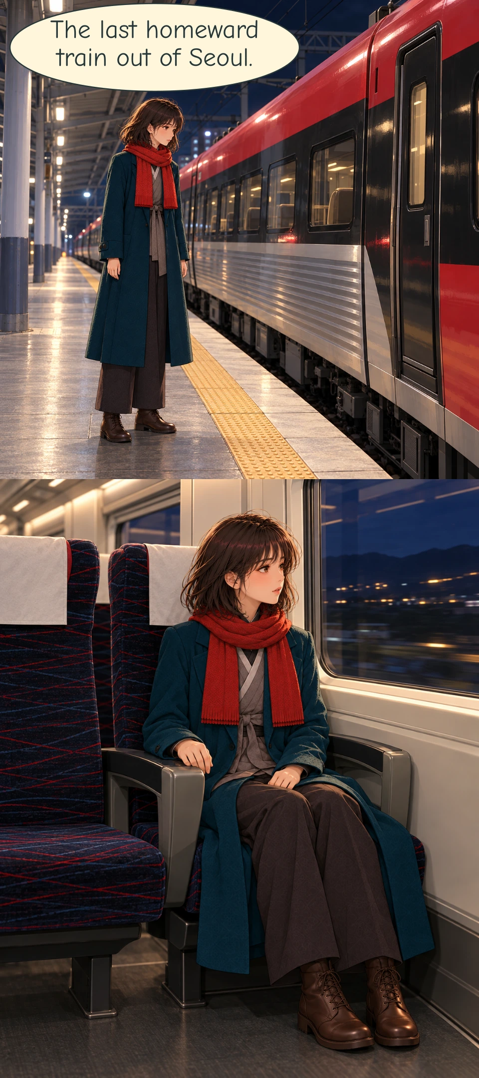 Panel 13: At night, Haneul waits behind the yellow edge of a low intercity platform beside a train with a red upper band, a black band around its windows and a ribbed silver lower body. The narrow side door is closed. Her hands are free, her phone is stowed, and both boots rest on the platform. A tailless narration bubble identifies the last homeward train out of Seoul. Panel 14: Haneul sits by a train window as dark landscape and distant lights pass outside. The seat pair has dark navy upholstery with a fine red and blue pattern, white headrest cloths and compact grey armrests. One hand rests on an armrest and the other on her lap; both boots rest on the floor. Her teal coat, grey wrap layer and two red scarf ends remain unchanged. Her thoughtful, uncertain expression carries the silent ending.