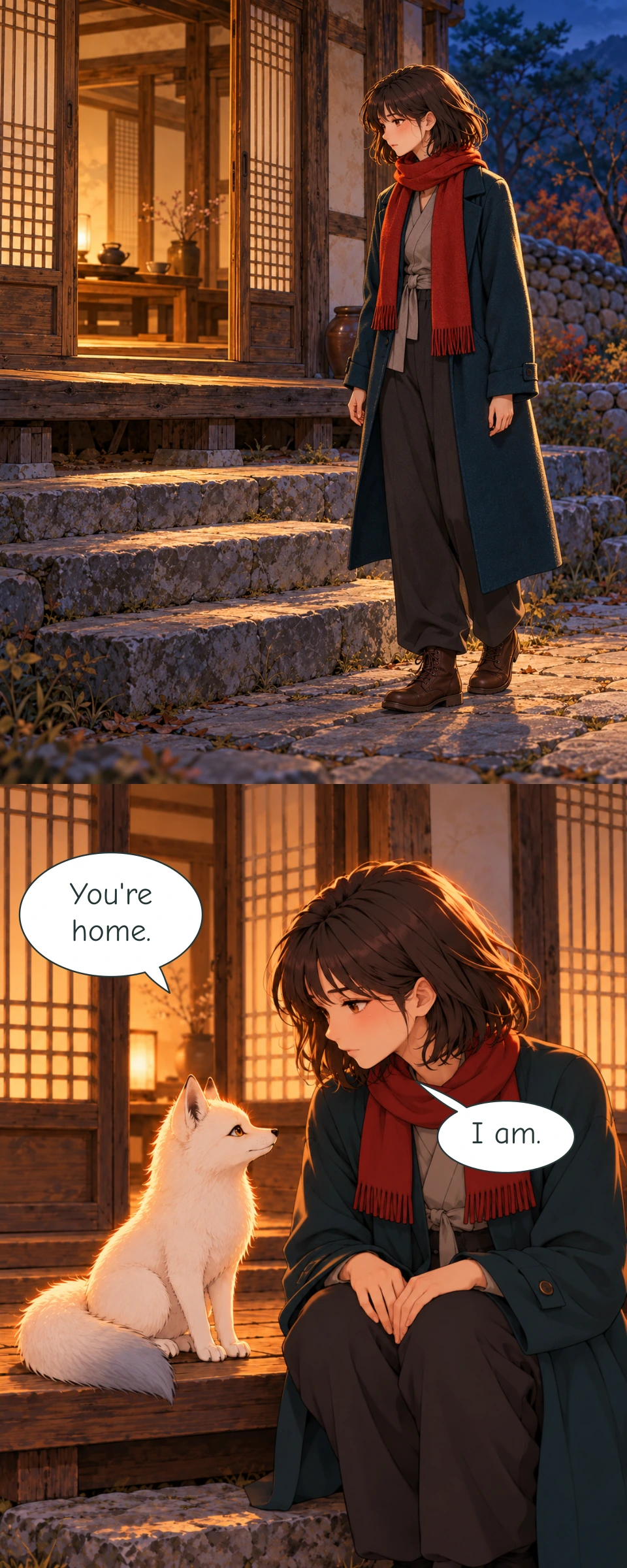 Haneul stands outside the warmly lit tea house after returning from Seoul. Her brown boots rest on the stone path beside the steps. Haneul sits at the tea-house threshold facing Bit, who sits beside her on the wooden ledge. They look at each other.