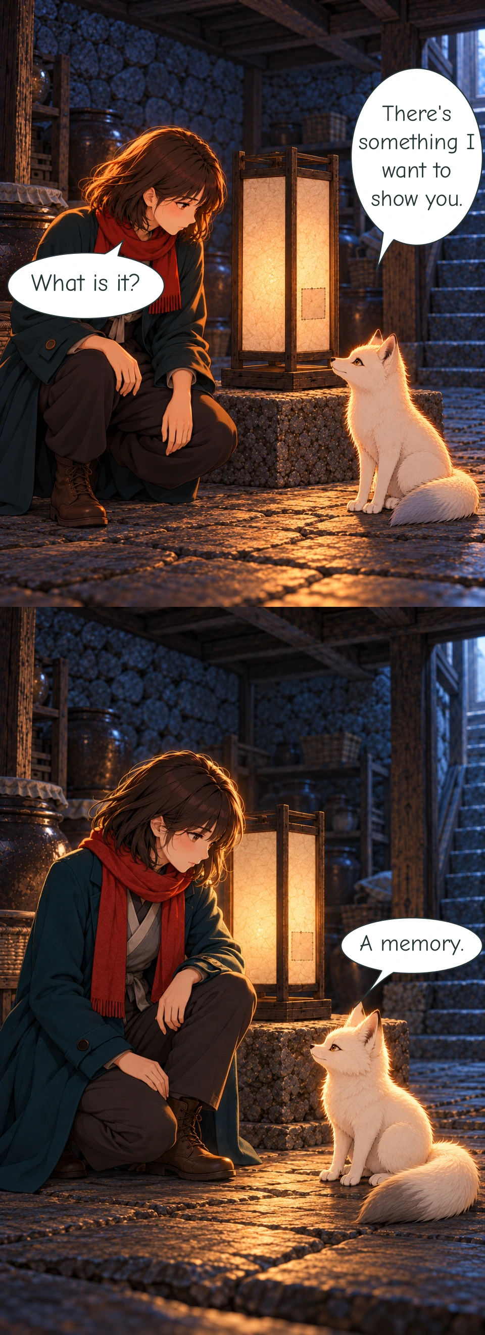 In the stone cellar, Haneul and Bit sit beside the First Lantern. Its rectangular paper body and repaired patch rest on the low stone plinth, with the stairs at the right. Haneul kneels beside Bit in the First Lantern's warm light. His single tail lies on the stone floor, with its intact tip unlit.