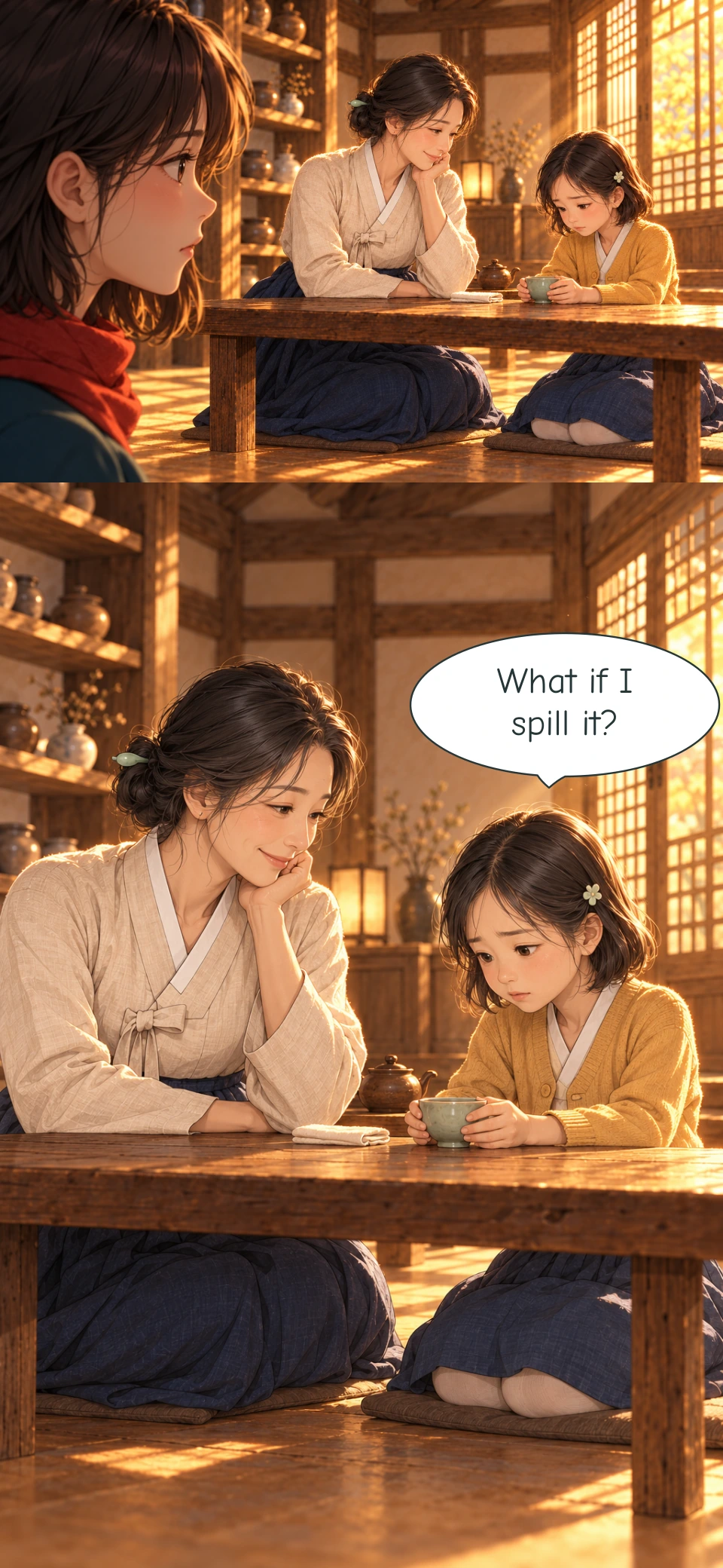 Haneul watches a warm memory of Halmeoni as a younger woman and a young girl seated at a low tea table. The remembered pair attend only to each other. The young girl steadies a celadon cup on the table with both hands. Halmeoni watches kindly, and a folded cloth lies within reach.