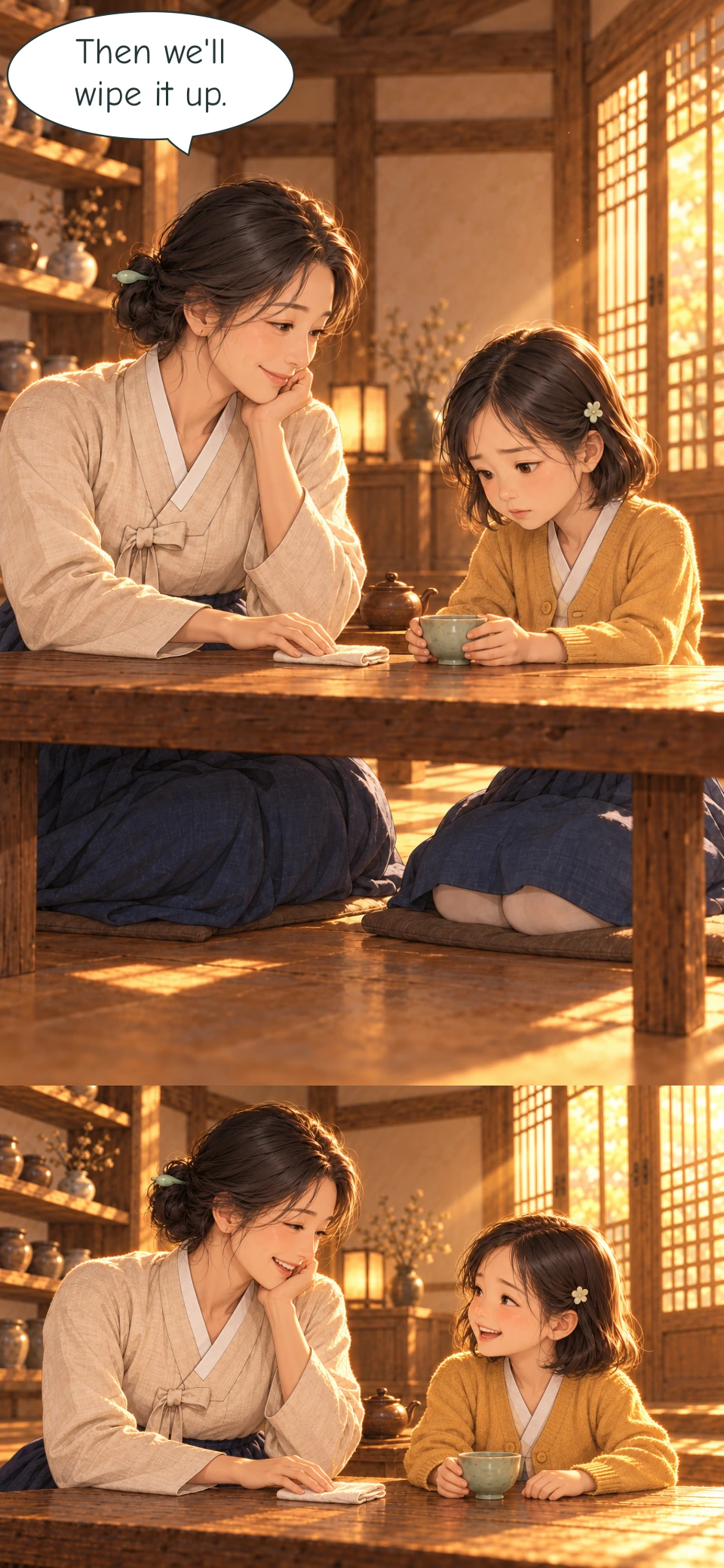 Halmeoni reaches for the folded cloth while the young girl keeps the cup supported on the table. Halmeoni and the young girl laugh together. The cup and cloth stay on the table between them.