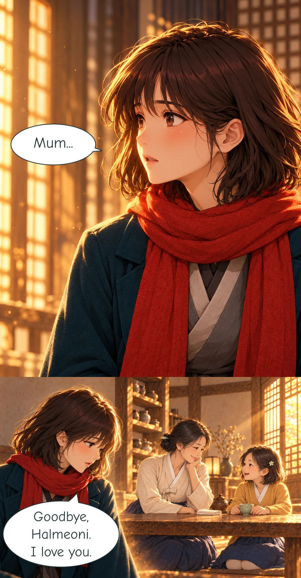 Haneul watches with sudden recognition. She realises that the young girl in the memory is her mother. Haneul says goodbye to her grandmother's memory. Behind her, Halmeoni and the young girl remain absorbed in their own past moment and do not respond.