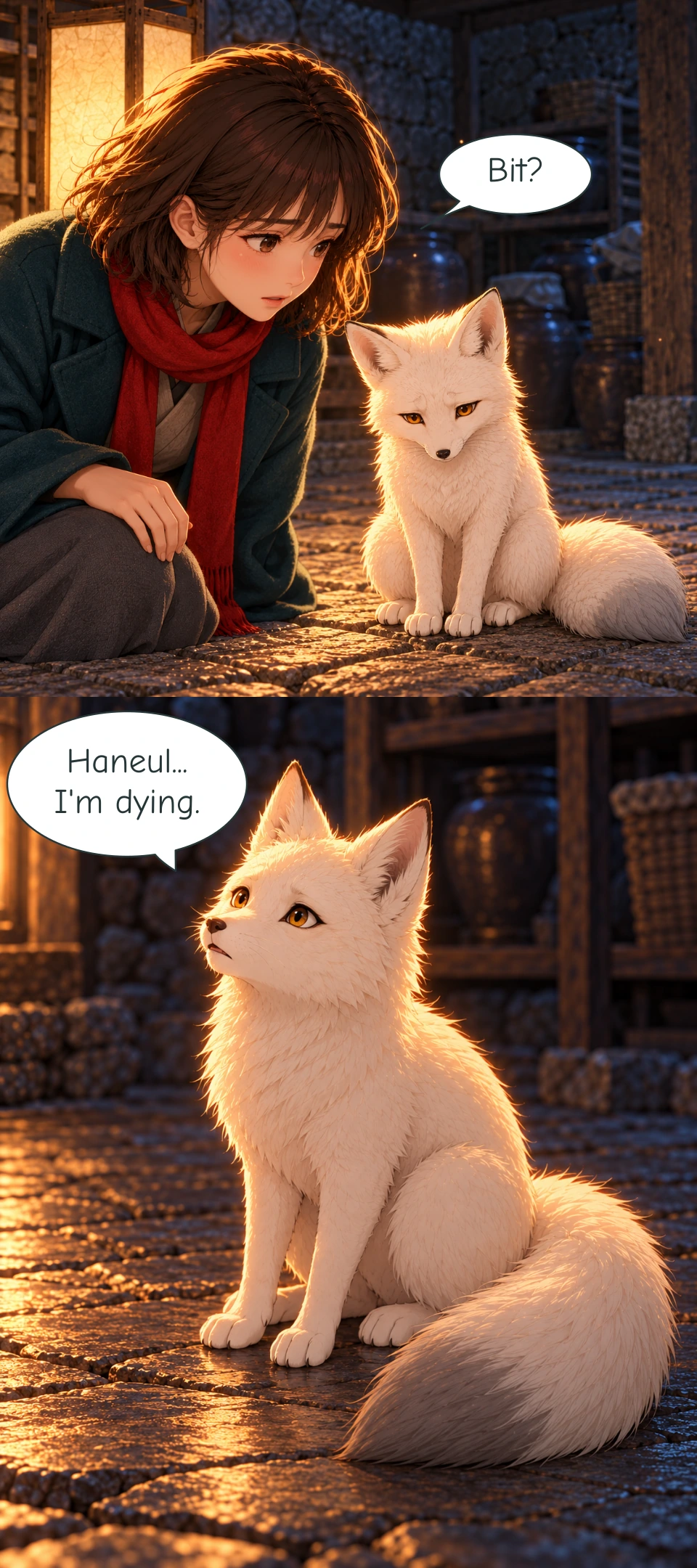 Back in the cellar, Haneul leans towards the subdued Bit beside the First Lantern. His single tail retains its dark, unlit tip. Bit sits on the cellar floor and looks up at Haneul as he makes his confession. His light remains faint, with the intact tail tip unlit.