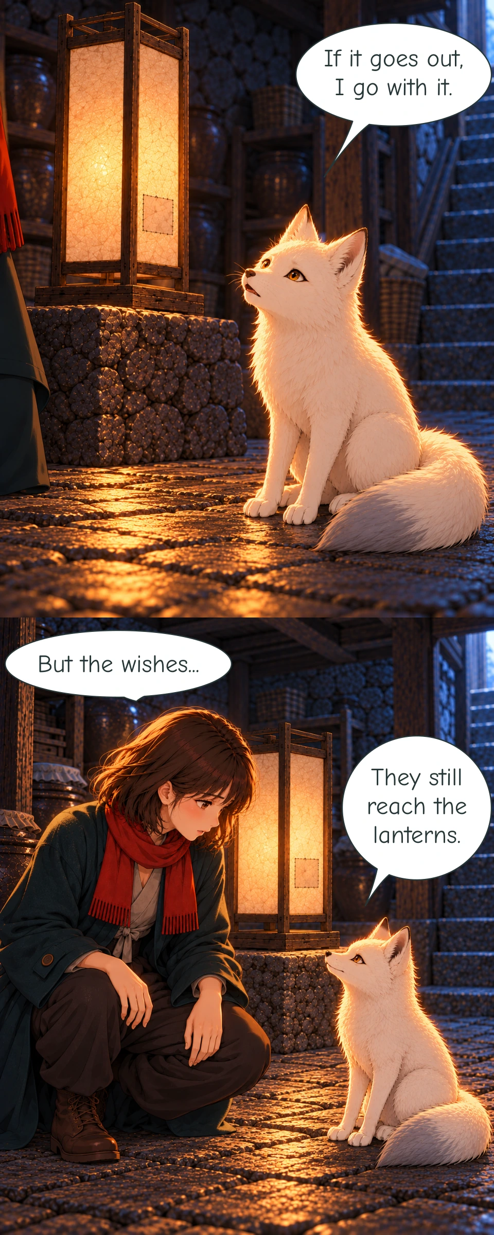 Bit looks up towards Haneul, whose coat and scarf edge are visible at the left. The First Lantern remains lit on the stone plinth behind him. Haneul leans towards Bit, with both hands resting on her bent legs. He sits facing her beside the First Lantern.