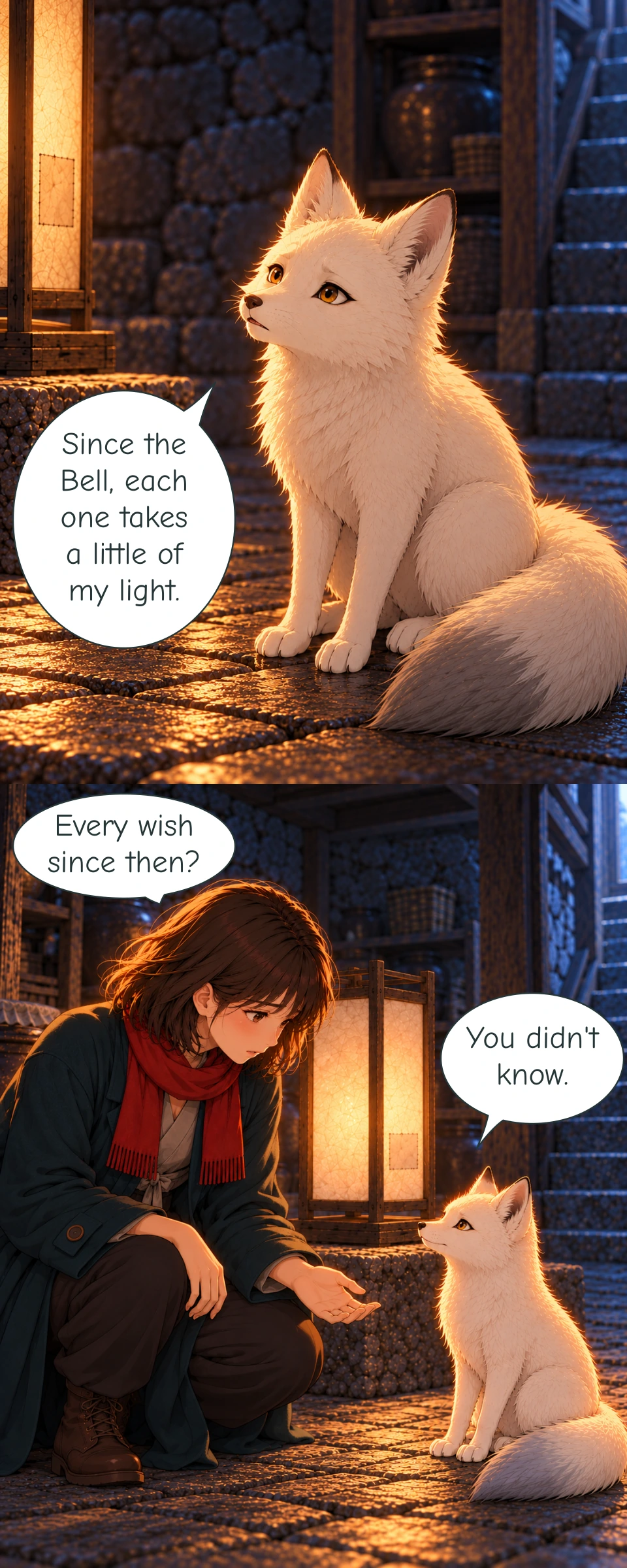 Bit looks up towards Haneul in a closer view. His single tail curls along the stone floor, with its intact tip unlit. Haneul's forearm rests on her bent knee as she raises an open palm towards Bit. Her other hand stays on her bent leg, and Bit looks up at her.