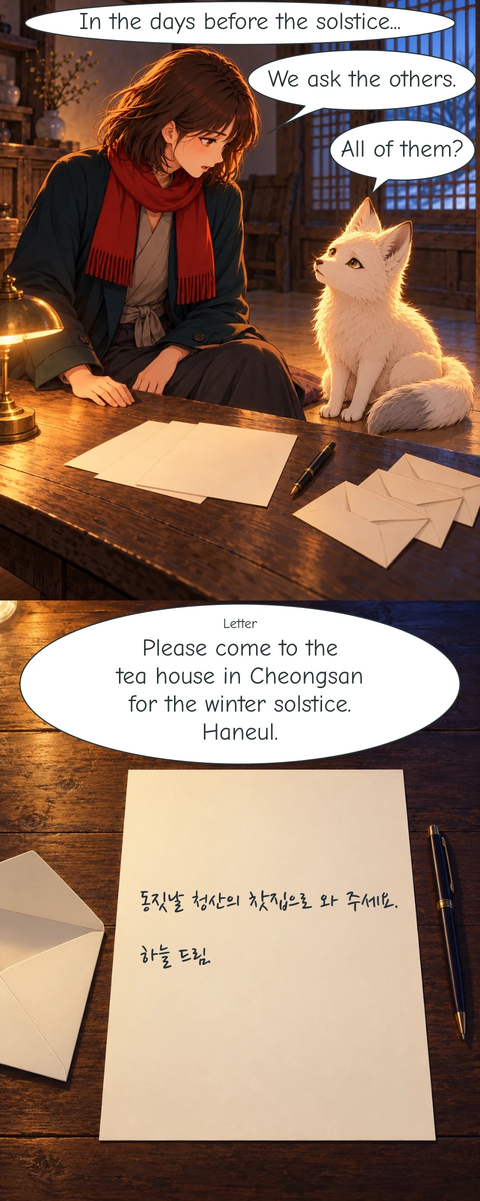Haneul sits at the writing table facing Bit. Three blank sheets, three open envelopes and a pen lie between them. An invitation lies on cream paper beside an open envelope and a pen. The Korean writing ends with Haneul's signature.