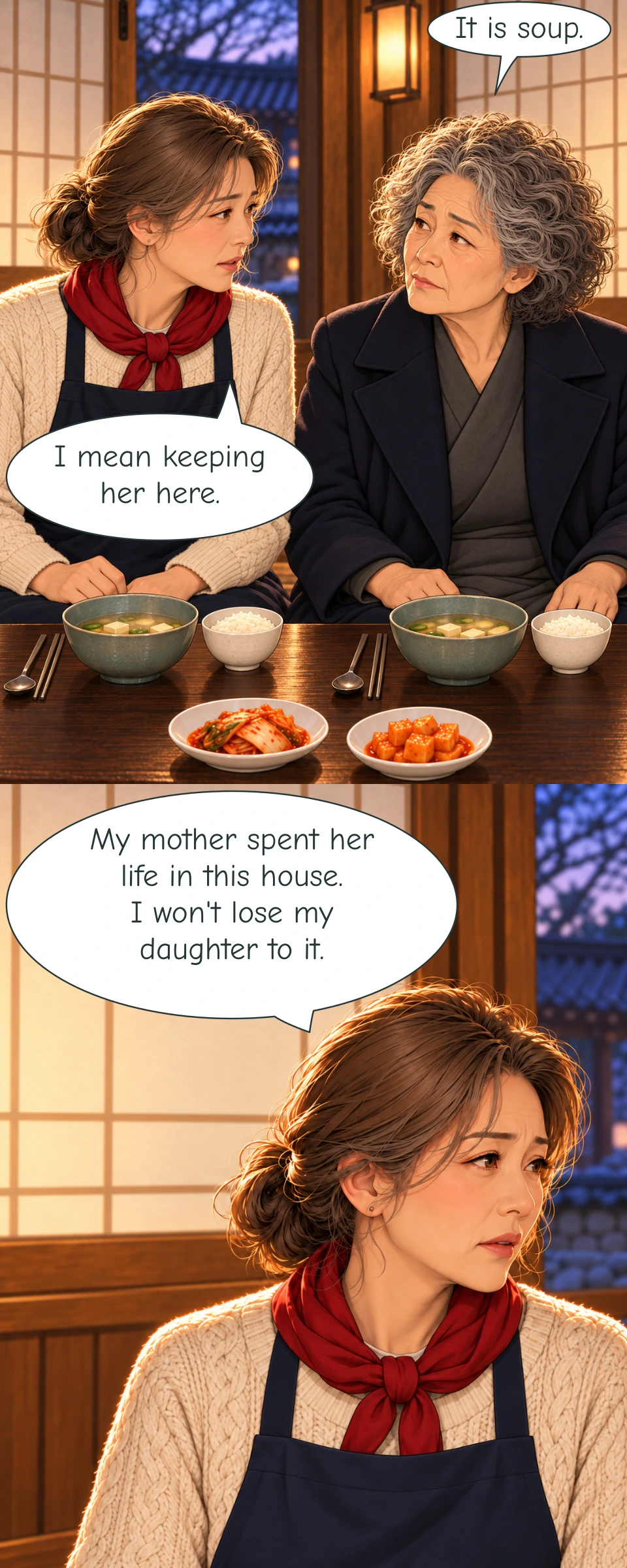 Mi-rae looks towards Go across their place settings. Their hands rest beside or below their own bowls. Mi-rae looks right towards Go. Her red scarf forms a compact front knot above her navy apron.